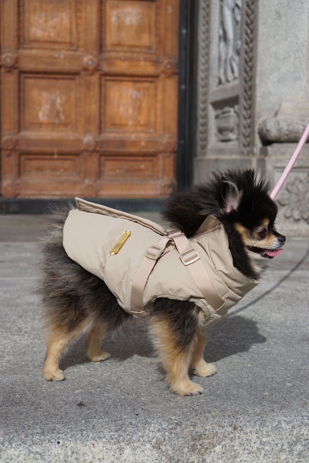Waterproof Puff Dog Jacket with Built-in Harness – Winter Warm Padded Pet Coat, Windproof Adjustable Puppy Outerwear (Khaki)