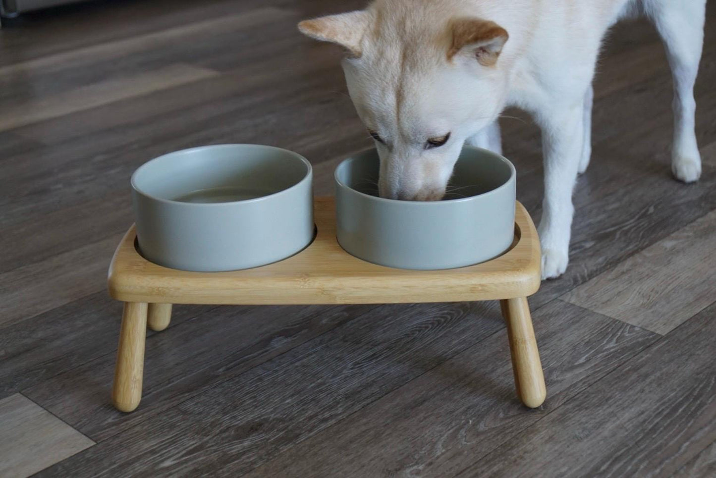 Elevated Double Dog Bowl for Medium & Large Dogs – Raised Bamboo Stand Feeder with Non-Slip Ceramic Bowls for Food and Water