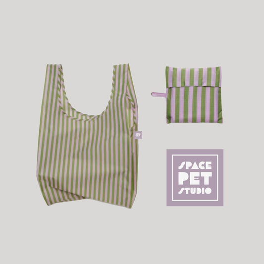 Pet Essentials Tote – Foldable Reusable Bag for Dog Bed, Blanket and Toys  |  Light Purple + Green Stripe Pattern | Shopping Grocery Bag