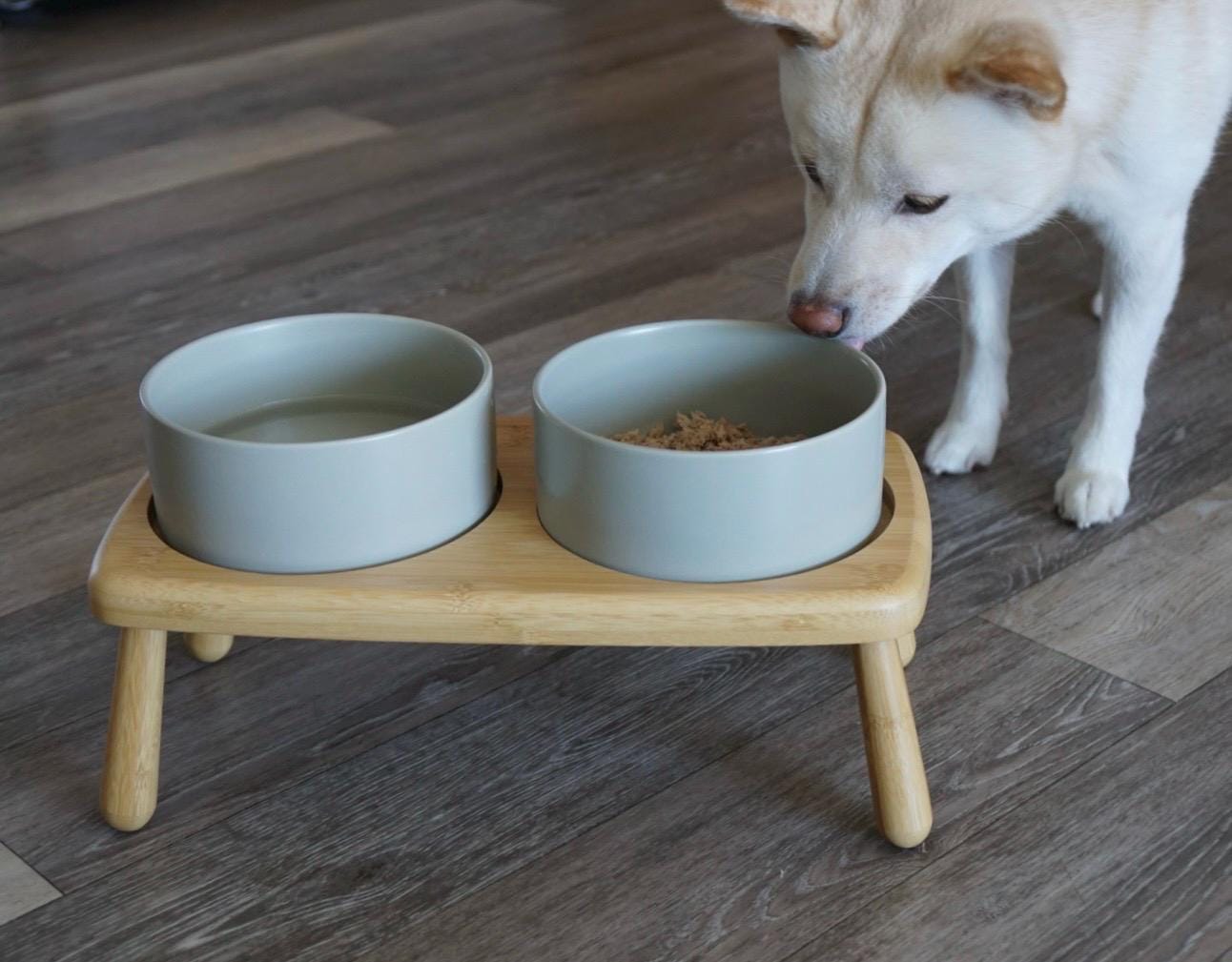 Elevated Double Dog Bowl for Medium & Large Dogs – Raised Bamboo Stand Feeder with Non-Slip Ceramic Bowls for Food and Water