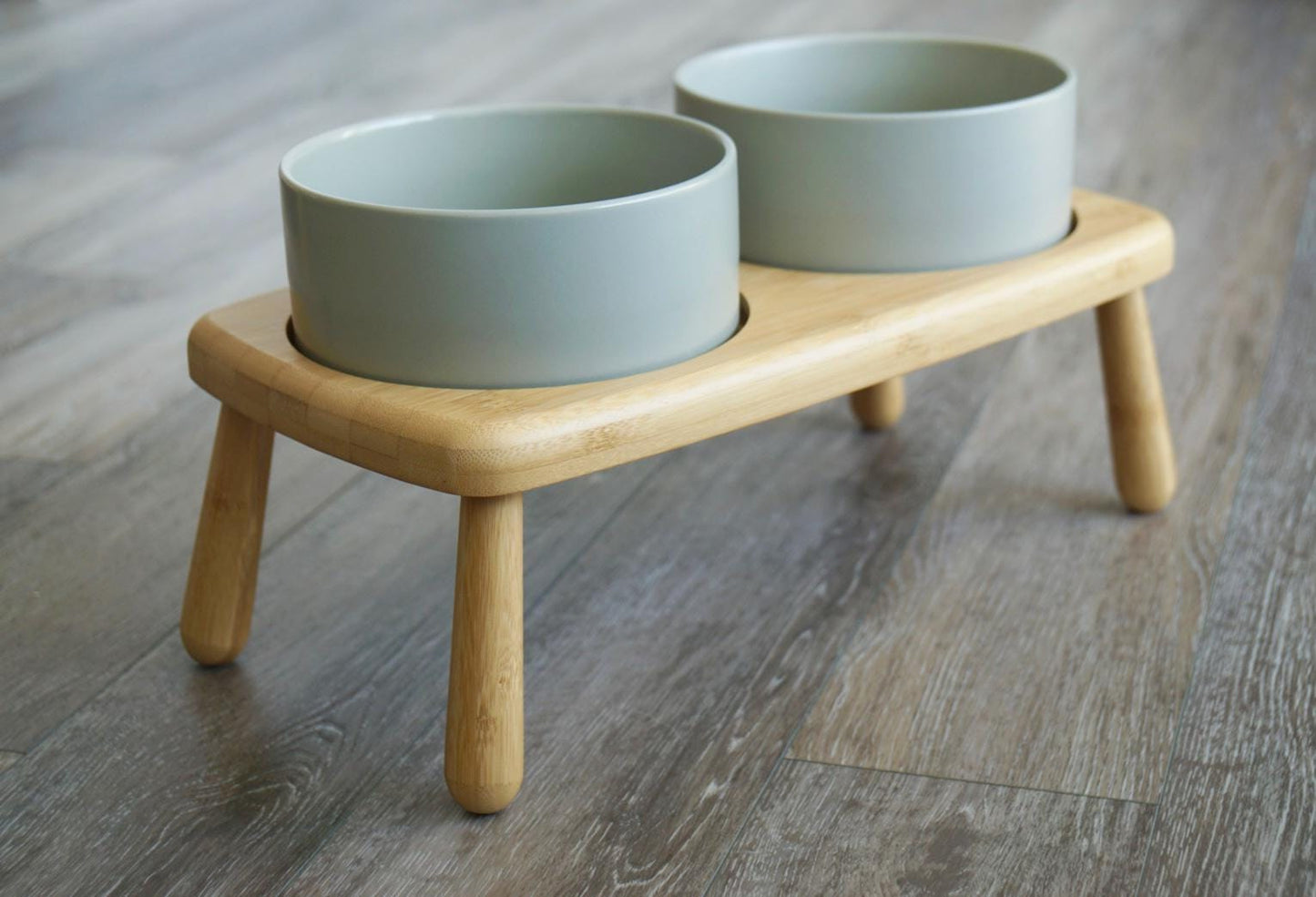 Elevated Double Dog Bowl for Medium & Large Dogs – Raised Bamboo Stand Feeder with Non-Slip Ceramic Bowls for Food and Water