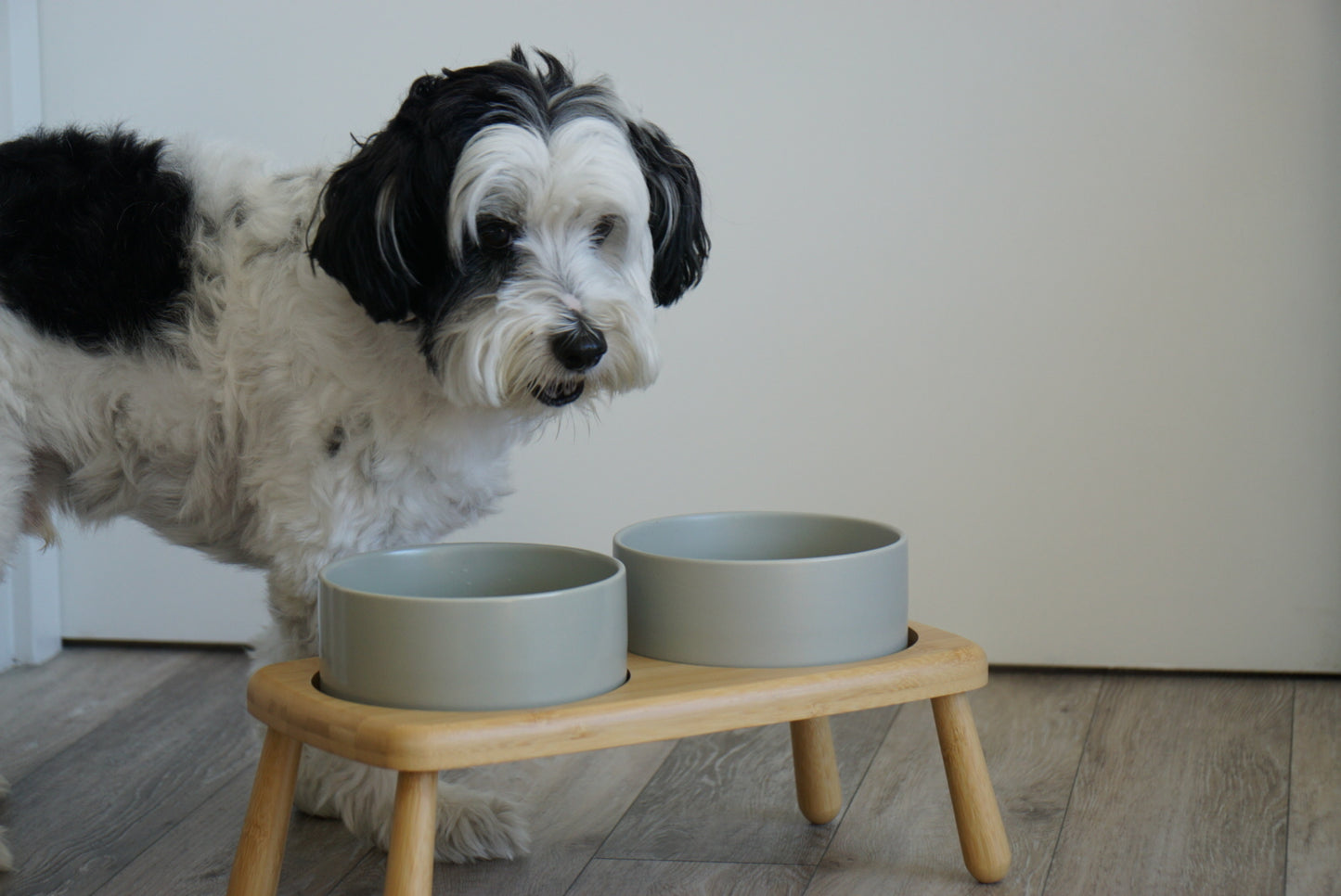 Elevated Double Dog Bowl for Medium & Large Dogs – Raised Bamboo Stand Feeder with Non-Slip Ceramic Bowls for Food and Water