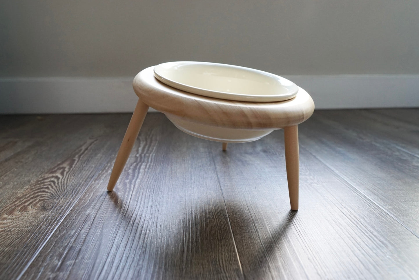 Elevated Ceramic Pet Bowl Wooden Stand – Beige Bowl + Stand with Two-Way Tilt Function/ Water Bowl/ Raised Bowl