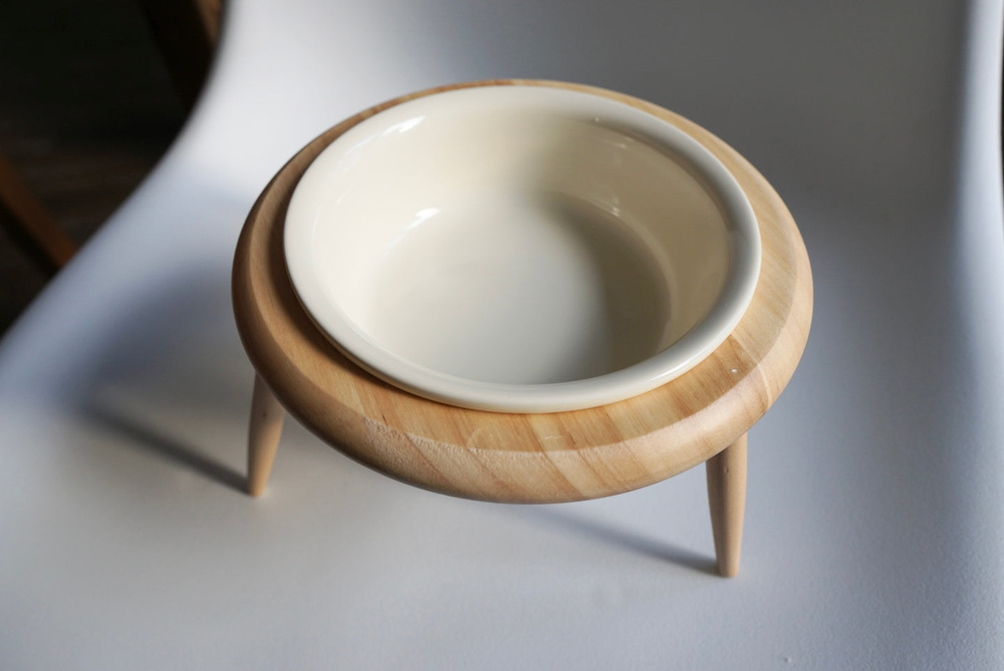 Elevated Ceramic Pet Bowl Wooden Stand – Beige Bowl + Stand with Two-Way Tilt Function/ Water Bowl/ Raised Bowl