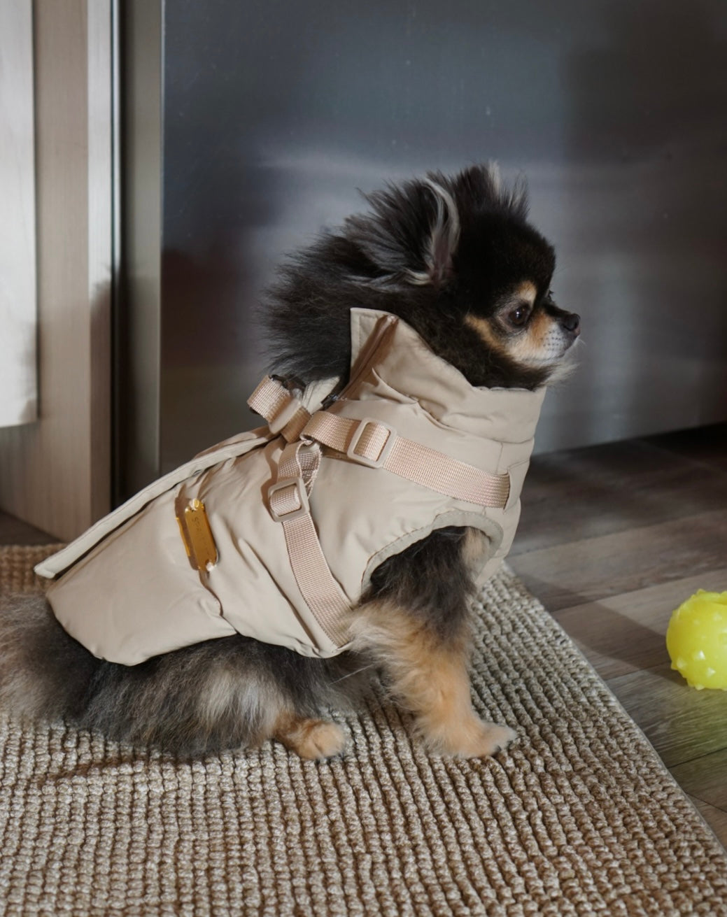 Waterproof Puff Dog Jacket with Built-in Harness – Winter Warm Padded Pet Coat, Windproof Adjustable Puppy Outerwear (Khaki)