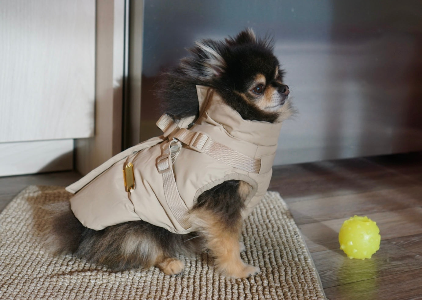 Waterproof Puff Dog Jacket with Built-in Harness – Winter Warm Padded Pet Coat, Windproof Adjustable Puppy Outerwear (Khaki)