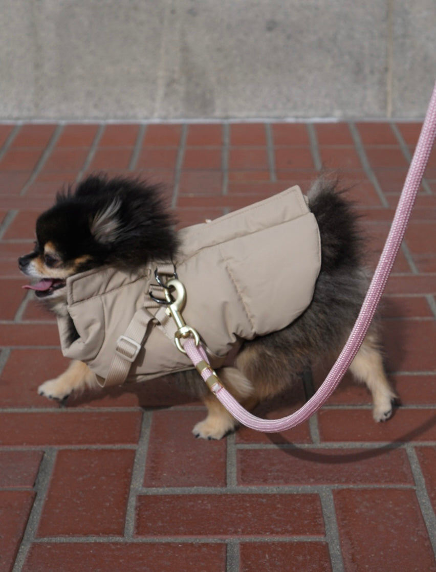 Waterproof Puff Dog Jacket with Built-in Harness – Winter Warm Padded Pet Coat, Windproof Adjustable Puppy Outerwear (Khaki)