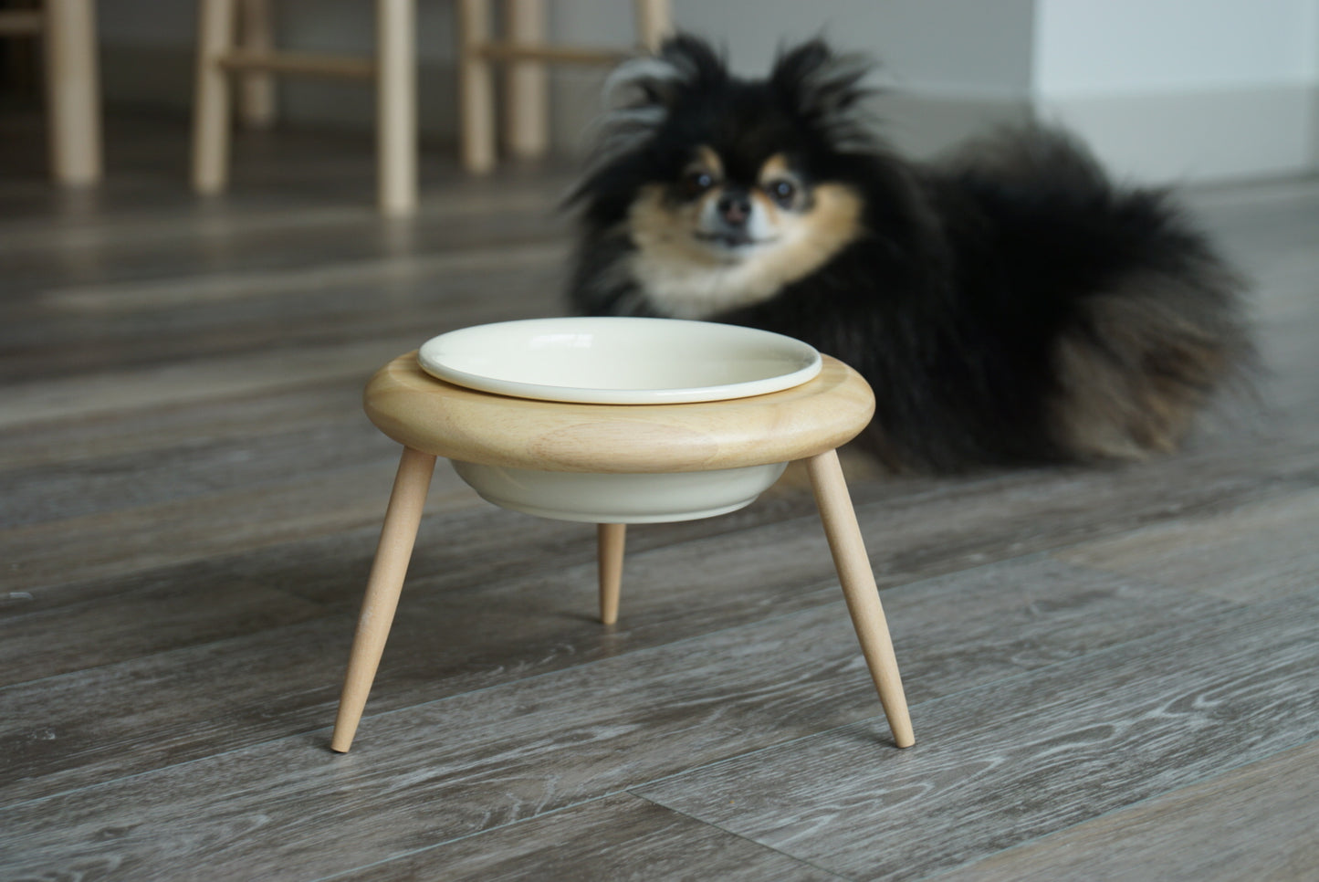 Elevated Ceramic Pet Bowl Wooden Stand – Beige Bowl + Stand with Two-Way Tilt Function/ Water Bowl/ Raised Bowl