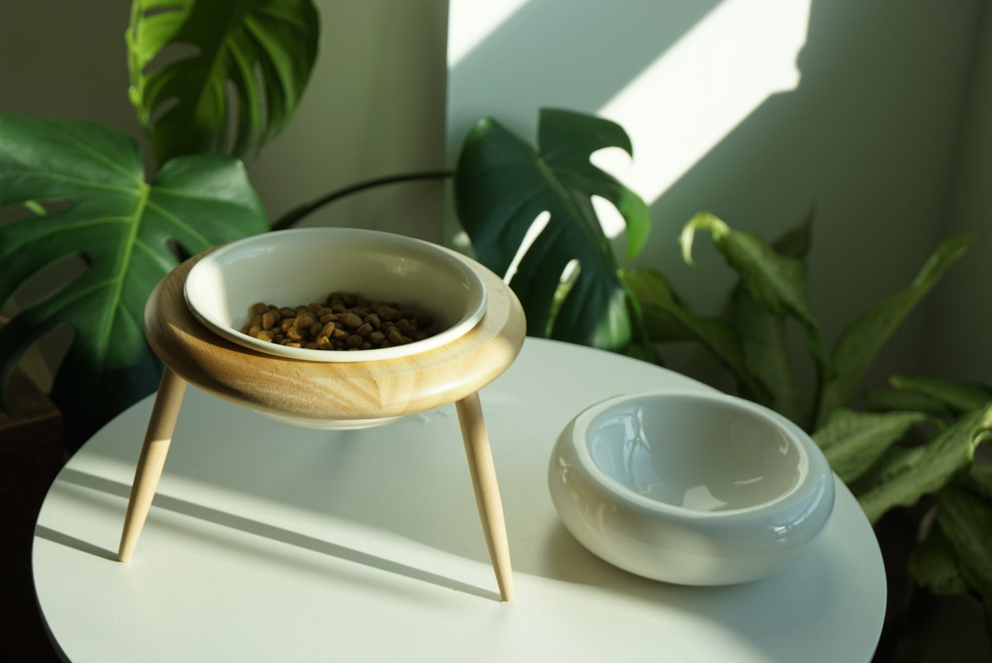 Elevated Ceramic Pet Bowl Wooden Stand – Beige Bowl + Stand with Two-Way Tilt Function/ Water Bowl/ Raised Bowl