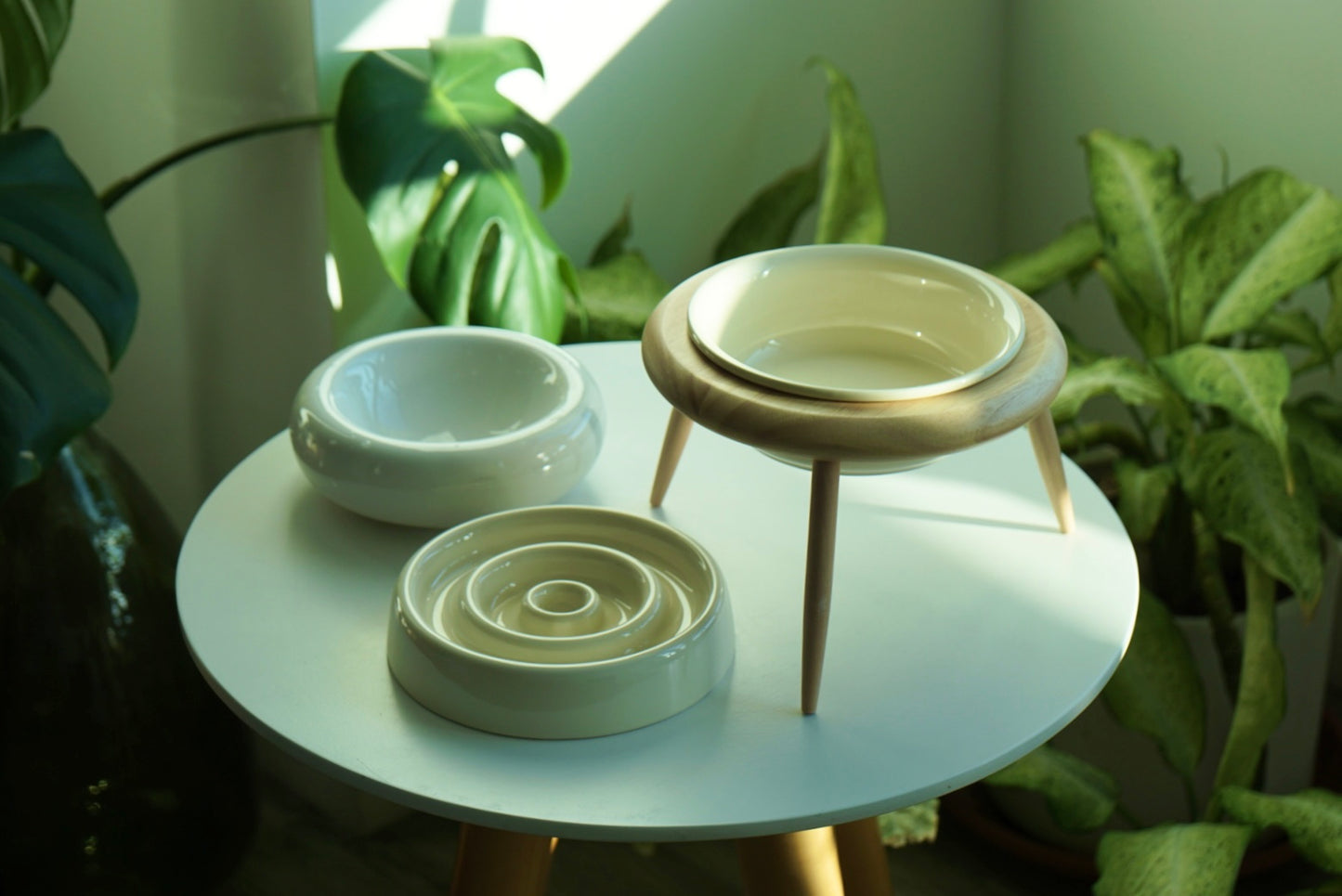 Elevated Ceramic Pet Bowl Wooden Stand – Beige Bowl + Stand with Two-Way Tilt Function/ Water Bowl/ Raised Bowl