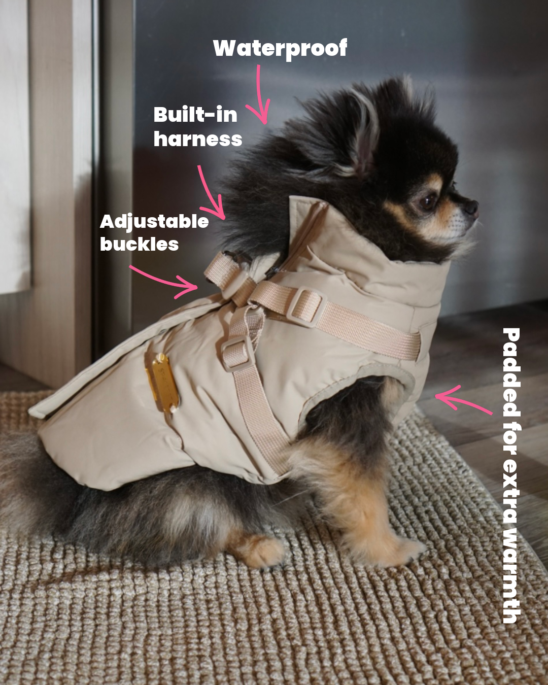 Waterproof Puff Dog Jacket with Built-in Harness – Winter Warm Padded Pet Coat, Windproof Adjustable Puppy Outerwear (Khaki)