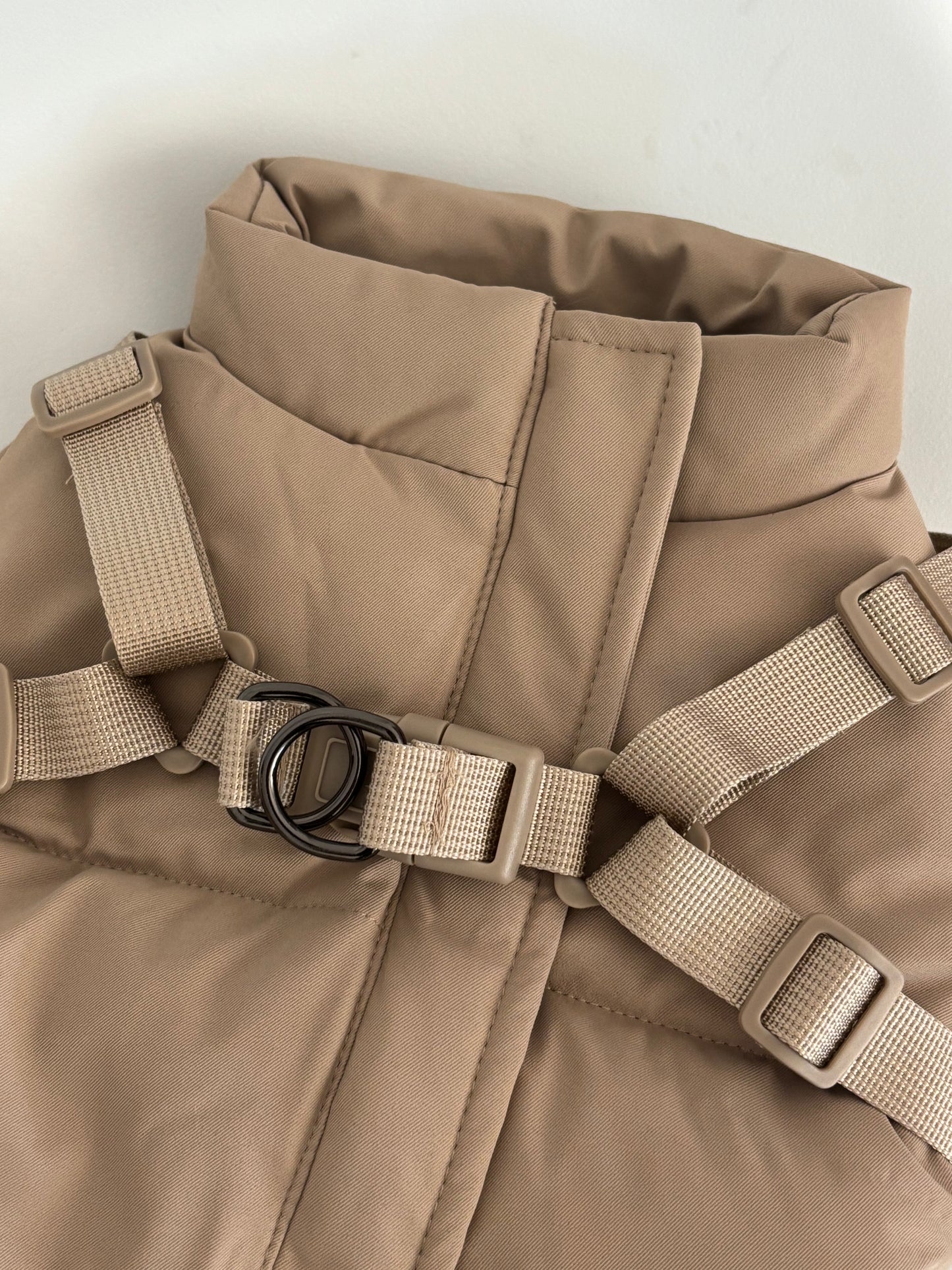 Waterproof Puff Dog Jacket with Built-in Harness – Winter Warm Padded Pet Coat, Windproof Adjustable Puppy Outerwear (Khaki)