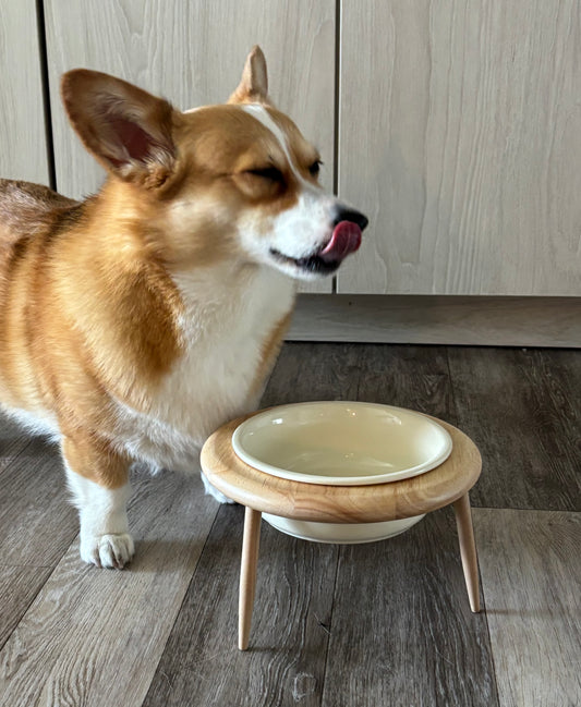 Elevated Ceramic Pet Bowl Wooden Stand – Beige Bowl + Stand with Two-Way Tilt Function/ Water Bowl/ Raised Bowl
