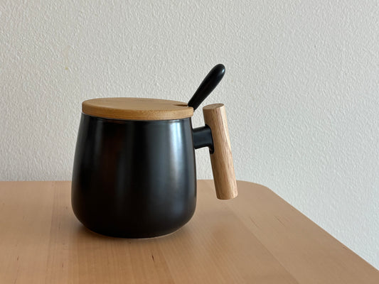 Nordic Ceramic Coffee Mug with Wood Lid & Spoon (Black) 14oz