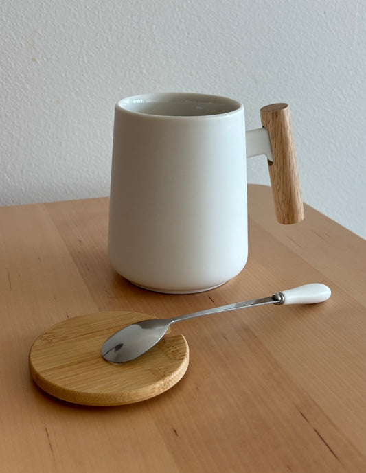 Minimalist Ceramic Mug with Wood Lid (White) 15oz
