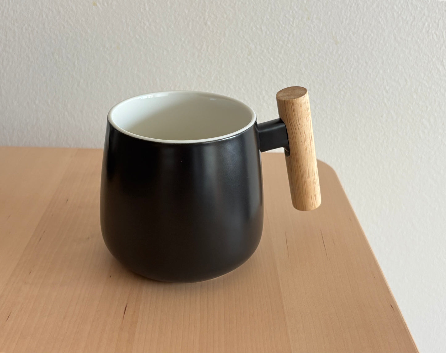 Nordic Ceramic Coffee Mug with Wood Lid & Spoon (Black) 14oz