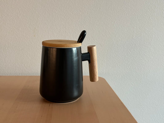 Nordic Ceramic Mug with Wood Lid and Spoon (Black) 15oz