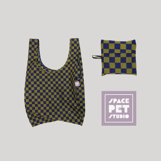 Pet Essentials Tote Bag – Foldable Reusable Bag for Dog Bed, Blanket, and Toys | Green & Purple Checkered Pattern | Shopping Grocery Bag
