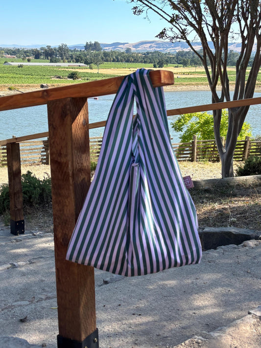 Pet Essentials Tote – Foldable Reusable Bag for Dog Bed, Blanket and Toys  | Purple & Dark Green Stripes | Shopping Grocery Tote