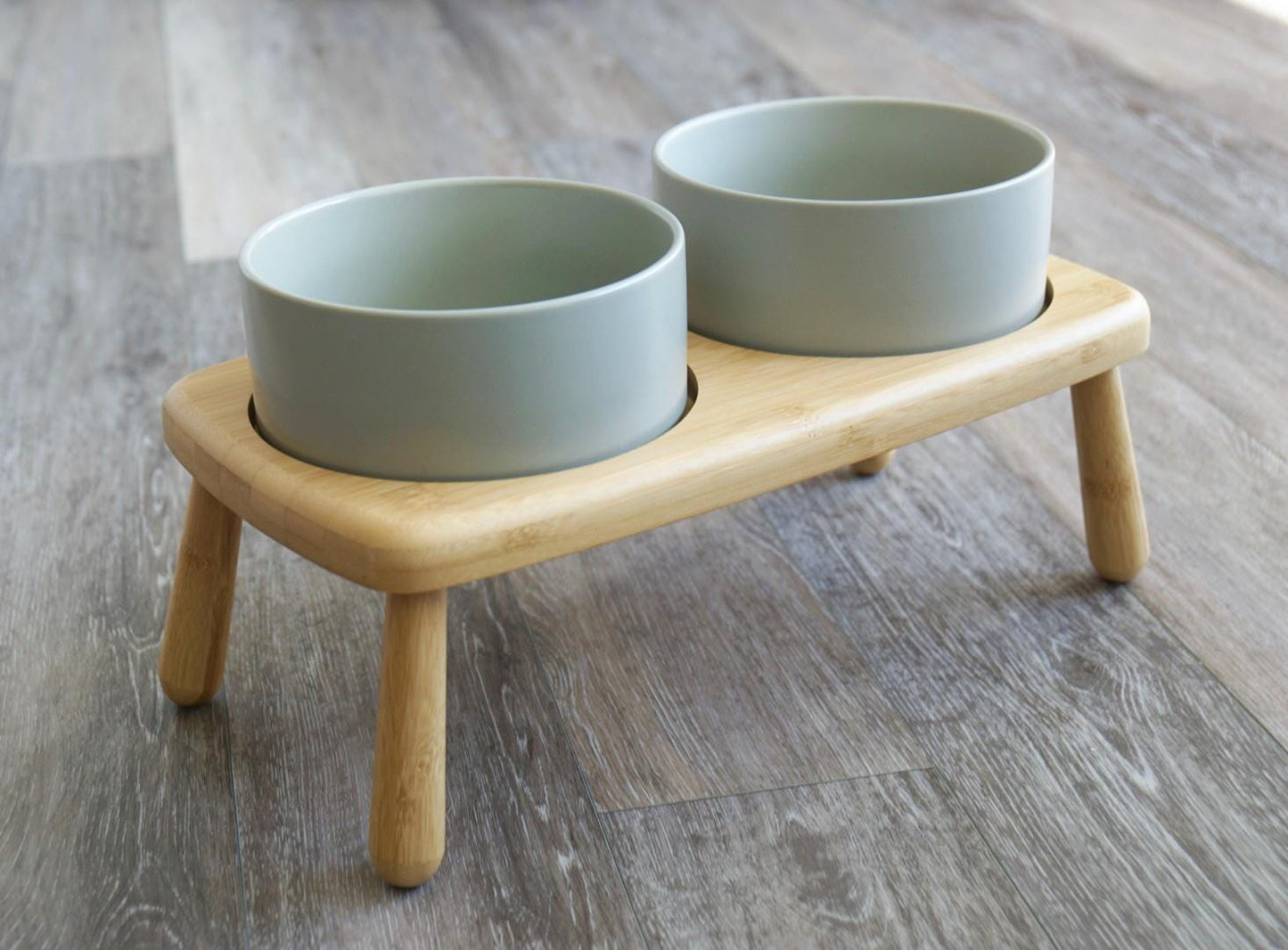 Elevated Double Dog Bowl for Medium & Large Dogs – Raised Bamboo Stand Feeder with Non-Slip Ceramic Bowls for Food and Water